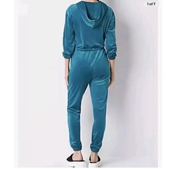Juicy Couture Women Teal Velour Velvet Jumpsuit with Hoodie Size XL - Picture 2 of 12